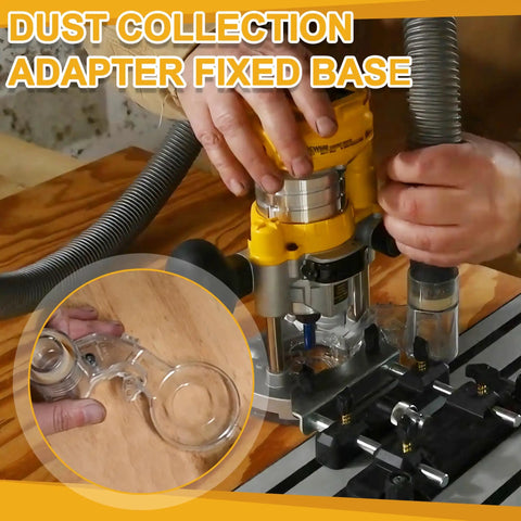 Dust Collection Adapter For DWP611 Compact Router And DNP616 Plunge Base Routers, installed on router, showing clear body.