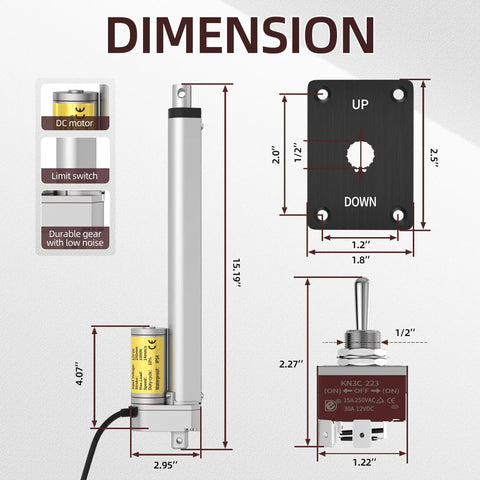 Dimensions of Beefy 12V High Speed Electric Linear Actuator Waterproof 10 Inch Stroke 1000N 220Lbs Load with switch.