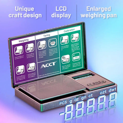 Rainbow Finish Handy Pocket Size Scale 500G By 0.01G with tare and six unit options shown open with LCD display