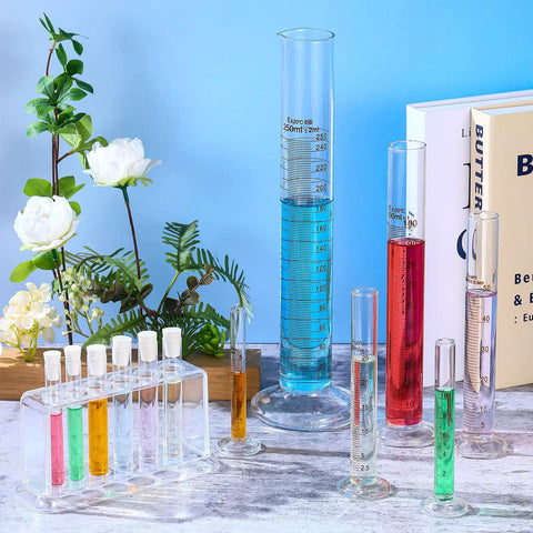 Six Piece Glass Graduated Cylinder Set With Rack 5Ml To 250Ml Clear Lab Tubes For Chemistry Projects Home Science Lab Party DIY