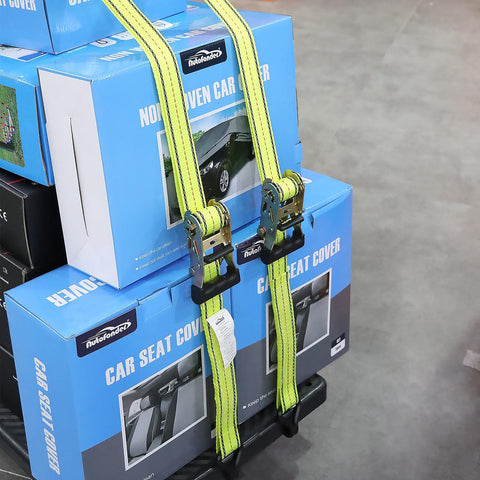 Heavy Duty Ratchet Straps 4 Pack 1-1/2 X 15 Ft With Coated Steel Ratchet And Double Thick Polyester Webbing For Scratch Free Tie Downs, 3,000 Lbs Break Strength, 1,000 Lbs Working Load Limit, Wire Hook Ends And J Hooks displayed with blue packaging in store.