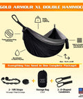 Ultra Comfortable Extra Large Double Camping Hammock With Tree Straps For Outdoor And Indoor Use Portable Gear For Two Supports Up To 500 Lbs 125 In By 79 In Hammock Bed Black And Gray shown with straps and bag