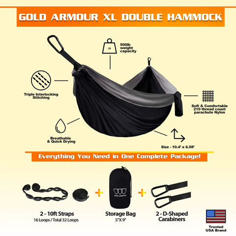Ultra Comfortable Extra Large Double Camping Hammock With Tree Straps For Outdoor And Indoor Use Portable Gear For Two Supports Up To 500 Lbs 125 In By 79 In Hammock Bed Black And Gray shown with straps and bag