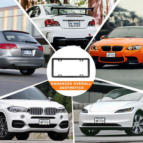 Real Carbon Fiber License Plate Frame 4 Hole Universal Black Car Tag Holder Cover Premium 100 Percent Carbon Fiber Weave Sleek Dope Look Easy Install Perfect Gift for Men and Women showcased on various vehicles.