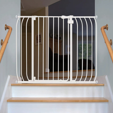 Multi-Use Extra Tall Walk Through Baby Gate In Metal White Finish, 36 Inch Tall, installed on stairway with wooden handrails