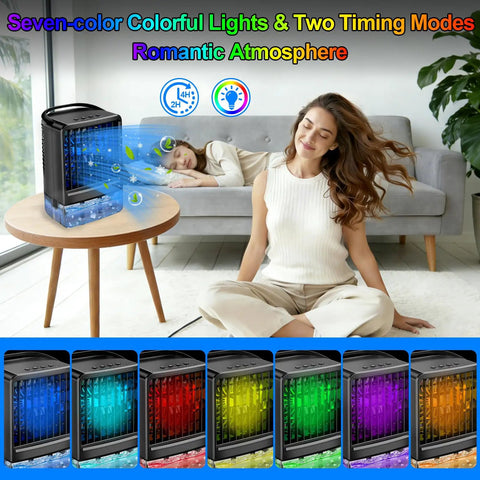 Ultimate Portable Air Conditioner Mini Personal AC For Desk And Bedroom with 7 color night light on a wooden table