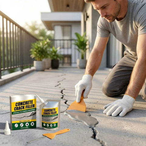 Man using Self Leveling Concrete Crack Filler And Waterproof Sealant Dead Simple Fixin Up Driveway Cracks Masonry Patch Kit That Works Like A Champ In Three Pack.