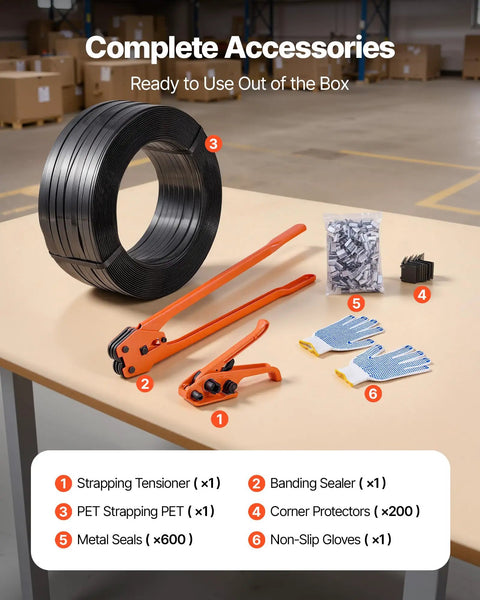 Heavy Duty Banding Sealer Tool Kit With 2000 Ft PET Strapping 600 Metal Seals 200 Corner Protectors And Plastic Pallet Packaging Gear For Warehouse Transportation And Home Use, kit components on table