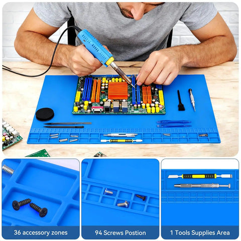 Person using Monster Sized Extra Large Soldering Mat For Electronics Repair 27.6 By 15.7 Inches Heat Resistant Silicone Workbench Pad