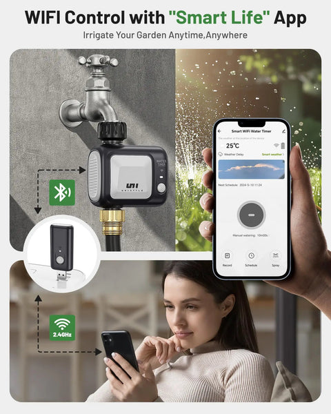 Smart WiFi Sprinkler Timer With Rain Delay, Auto And Manual Modes, Outdoor Hose Irrigation Controller shown on phone app