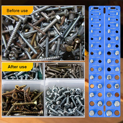 30-in-1 nut and bolt thread checker with SAE/metric sizes; blue wall-mount gauge beside screw assortment.
