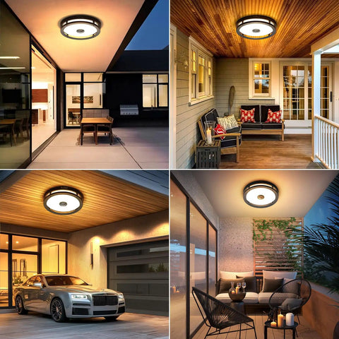 Outdoor Motion Sensor LED Ceiling Light Flush Mount 12 Inch Dusk To Dawn Exterior Black Fixture for porch and garage view