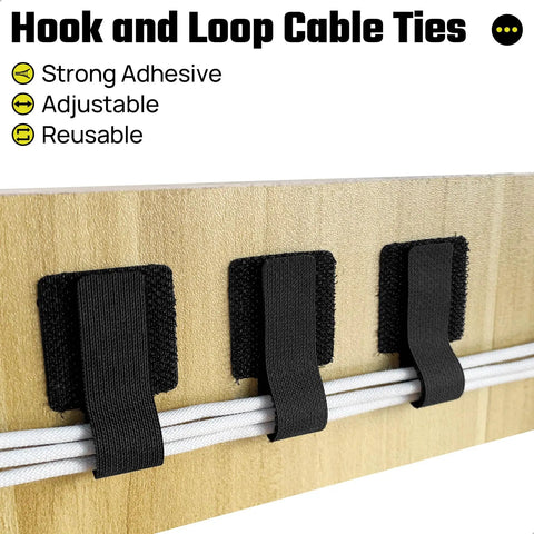 Adjustable Reusable Cable Management Kit 40 Pcs Pro Grade with 3 Inch Straps securing wires to wooden surface