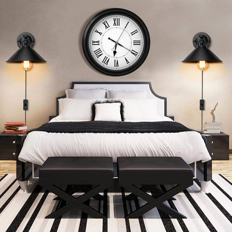 Bedroom setup with Plug In Black Wall Sconce Two Pack With Antique Swing Arm Industrial Style Lamp No Fuss On Off Cord Switch E26 Base Durable Fixture above bed.