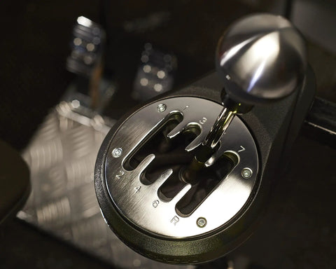 Next Level All Metal H Pattern And Sequential Sim Racing Shifter With Real Hall Effect Sensors For Plug And Play Setup And Ridiculously Smooth Shifts On Ps5 Xbox Pc close-up of gear lever and chrome panel