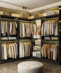 Kick Your Storage Game Up A Notch With This Heavy Duty Wood Corner Closet System Featuring Six Hanging Rods And Two Modular Towers To Build A Spacious L Shaped Freestanding Wardrobe In Sleek Black Finish, showcasing organized clothing and storage.