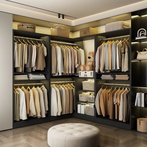 Kick Your Storage Game Up A Notch With This Heavy Duty Wood Corner Closet System Featuring Six Hanging Rods And Two Modular Towers To Build A Spacious L Shaped Freestanding Wardrobe In Sleek Black Finish, showcasing organized clothing and storage.