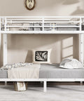 Heavy Duty Twin Over Full Metal Bunk Bed With Dual Ladders Rock Solid Steel Construction White Finish arrangement with bedding.