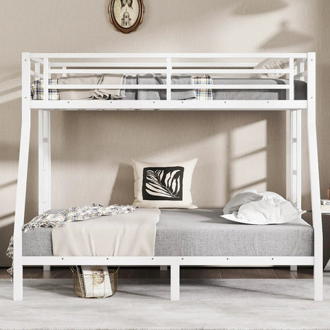 Heavy Duty Twin Over Full Metal Bunk Bed With Dual Ladders Rock Solid Steel Construction White Finish arrangement with bedding.