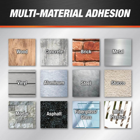 Heavy Duty Polyurethane Construction Adhesive Sealant White Non Sag Formula image showing various materials for bonding.
