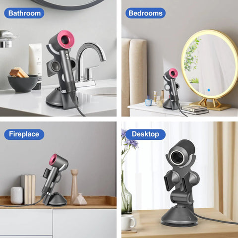 Supersonic Hair Dryer Holder For Dyson Supersonic Aluminum Alloy Bathroom Organizer Bracket For No Fuss Access Diffuser Nozzle Storage Cord Management Sturdy Wall Mount With Sleek Gray Finish displayed in different room settings.