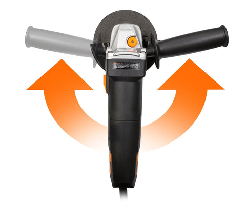Front view of WEN 7-Amp angle grinder with 4-1/2-inch wheel and reversible handle