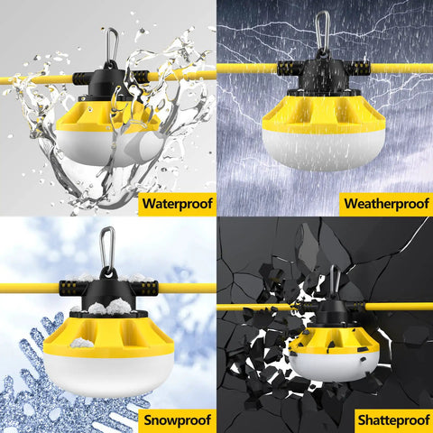 LED Construction String Lights 50Ft Industrial Grade Beefy Build showing waterproof, weatherproof, snowproof, and shatterproof features.