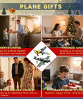 Four images with children receiving gifts, center image of World War II Spitfire And BF109 1 To 32 Scale Building Block Set 2 In 1