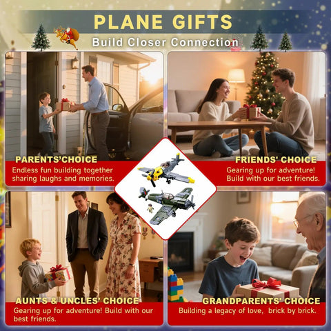 Four images with children receiving gifts, center image of World War II Spitfire And BF109 1 To 32 Scale Building Block Set 2 In 1