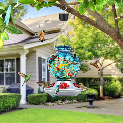 Hand Blown Glass Hummingbird Feeder For Outdoors Hanging With Bee Proof Ports And Ant Moat 360 Degree Perch Leak Proof 22oz Blue Peony in garden