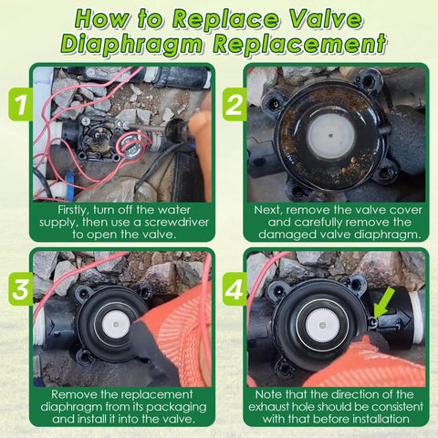 Gulfmew 4-pack 1-inch PGV irrigation valve diaphragms replacement kit; four-step installation guide for Hunter 332100.