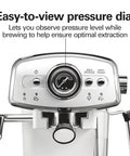 Kickstart Your Morning Grind With This Retro White Espresso Machine Highlighting A Patent Slide And Lock Portafilter 15 Bar Pressure And A Hit Different Milk Frother For Silky Lattes And Bold Cappuccinos Pure Barista Vibes Guaranteed - close-up view of the pressure dial showing brewing pressure for optimal extraction.