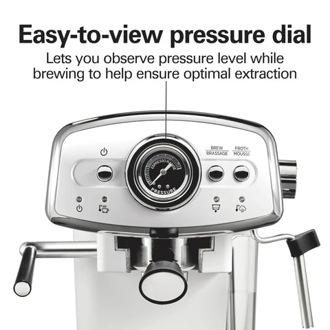 Kickstart Your Morning Grind With This Retro White Espresso Machine Highlighting A Patent Slide And Lock Portafilter 15 Bar Pressure And A Hit Different Milk Frother For Silky Lattes And Bold Cappuccinos Pure Barista Vibes Guaranteed - close-up view of the pressure dial showing brewing pressure for optimal extraction.
