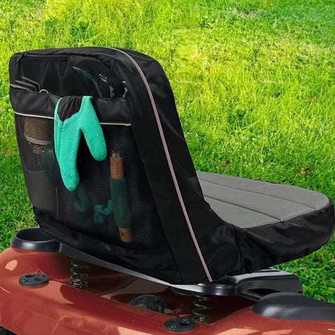 Weatherproof Tractor Seat Cover With Tool Pockets And Anti Slip Backing Padded No Sweat Oxford Fabric Lawn Mower Seat Protector showing tool storage on a lawn mower seat.