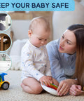 Mother and baby with toys, showcasing 12 Pack Magnetic Cabinet Locks With Keys For No Drill Child Safety Locks For Cabinets And Drawers