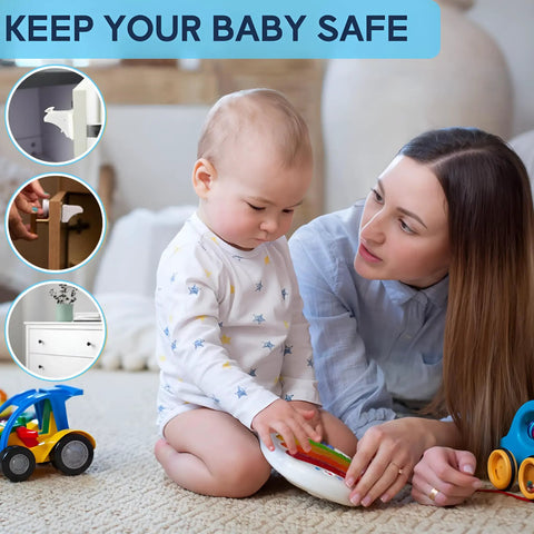 Mother and baby with toys, showcasing 12 Pack Magnetic Cabinet Locks With Keys For No Drill Child Safety Locks For Cabinets And Drawers