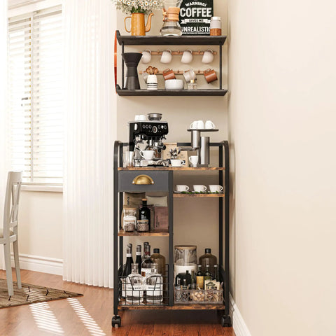 Rustic Wood Coffee Cart With Dope Multi Tier Layout And Slick Brake Lock Wheels For Easy Rolling Serving Station with coffee supplies.