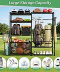 Garage Sports Gear Organizer With Golf Bag Storage Rack displaying organized sports equipment in a garden setting.