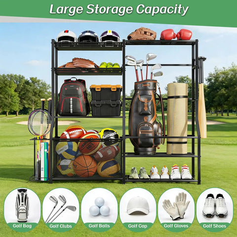 Garage Sports Gear Organizer With Golf Bag Storage Rack displaying organized sports equipment in a garden setting.