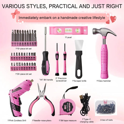 Girl Friendly 40 Piece Drill Set with Pink Cordless Drill and Tool Box, beginner-friendly DIY kit with tools and accessories displayed