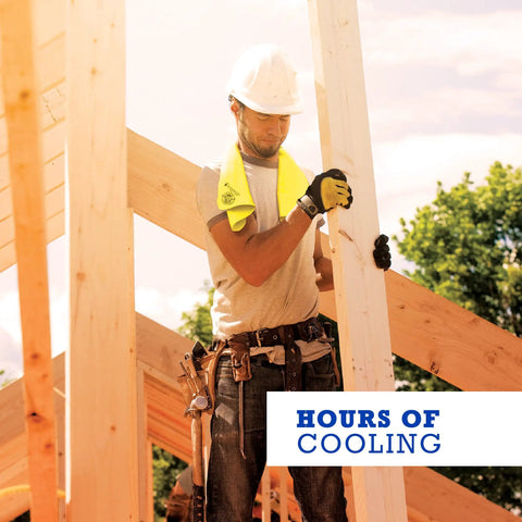 Construction worker using Chilly Mini Cooling Neck Towel Pack Of 6 Blue 29x3 Inches Hyper Evaporative Material That Retains Water