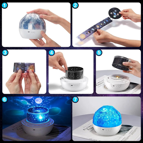 Various angles and uses of Kids Space Projector Night Light With 360 Degree Rotation And Five Projection Films, Bright Ceiling And Wall Cosmic Stars Moon Light For Boys Room, Solar System Toys For Boys Ages 3 To 5, Totally Perfect Gift.