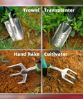 Trowel, transplanter, hand rake, and cultivator from 11-Piece Garden Tools Set For Women And Men With Heavy Duty Aluminum Hand Tools.