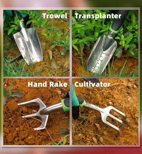 Trowel, transplanter, hand rake, and cultivator from 11-Piece Garden Tools Set For Women And Men With Heavy Duty Aluminum Hand Tools.
