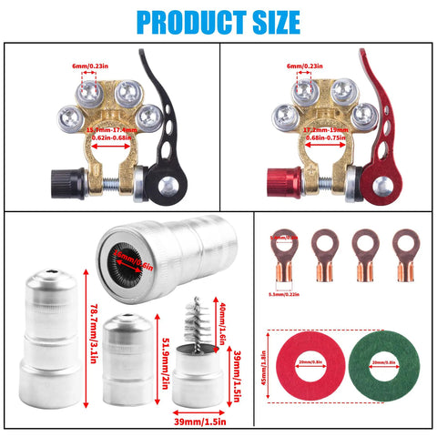 4 Way Battery Terminal Clamp Connectors Kit, Quick Release Car Battery Terminals for SAE and JIS Type A Posts, 2 Pack with dimensions