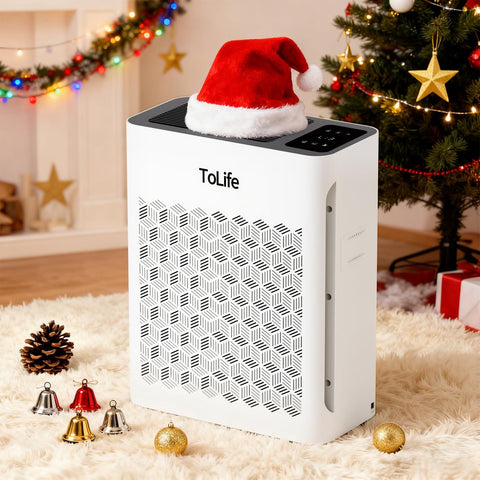 Large Room Air Purifier With HEPA H13 Filtration And Washable Filter in festive living room setting with Santa hat
