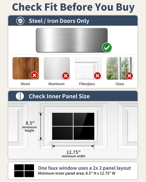 Compatibility guide for 32 Piece Magnetic Faux Window Panels For Steel Garage Doors, showing steel and panel size requirements.