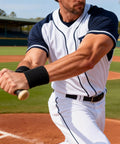 Baseball player with Wrist Support Brace For Sports And Training Neoprene Wrist Wraps With Thumb Loops on left wrist