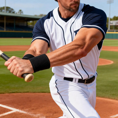 Baseball player with Wrist Support Brace For Sports And Training Neoprene Wrist Wraps With Thumb Loops on left wrist