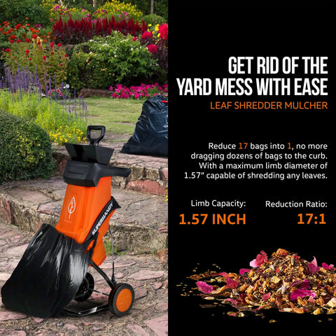 Leaf Shredder Mulcher Corded Electric With 15A 1800W Motor 17 To 1 Reduction Dual Edge Blades in garden setting